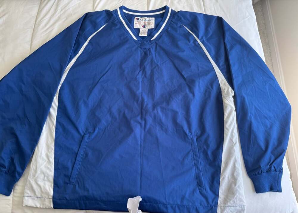 Champion Pullover Windbreaker Jacket Blue White V-Neck Medium